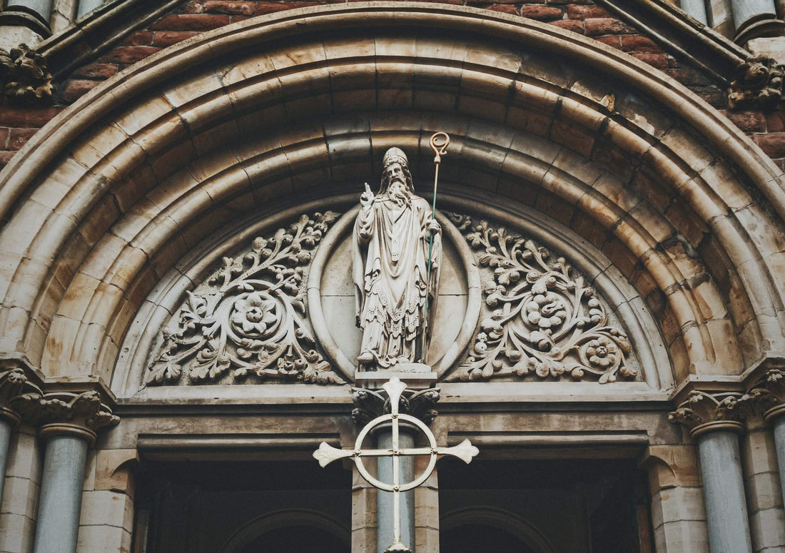 St. Patrick statue at the entrance of a church