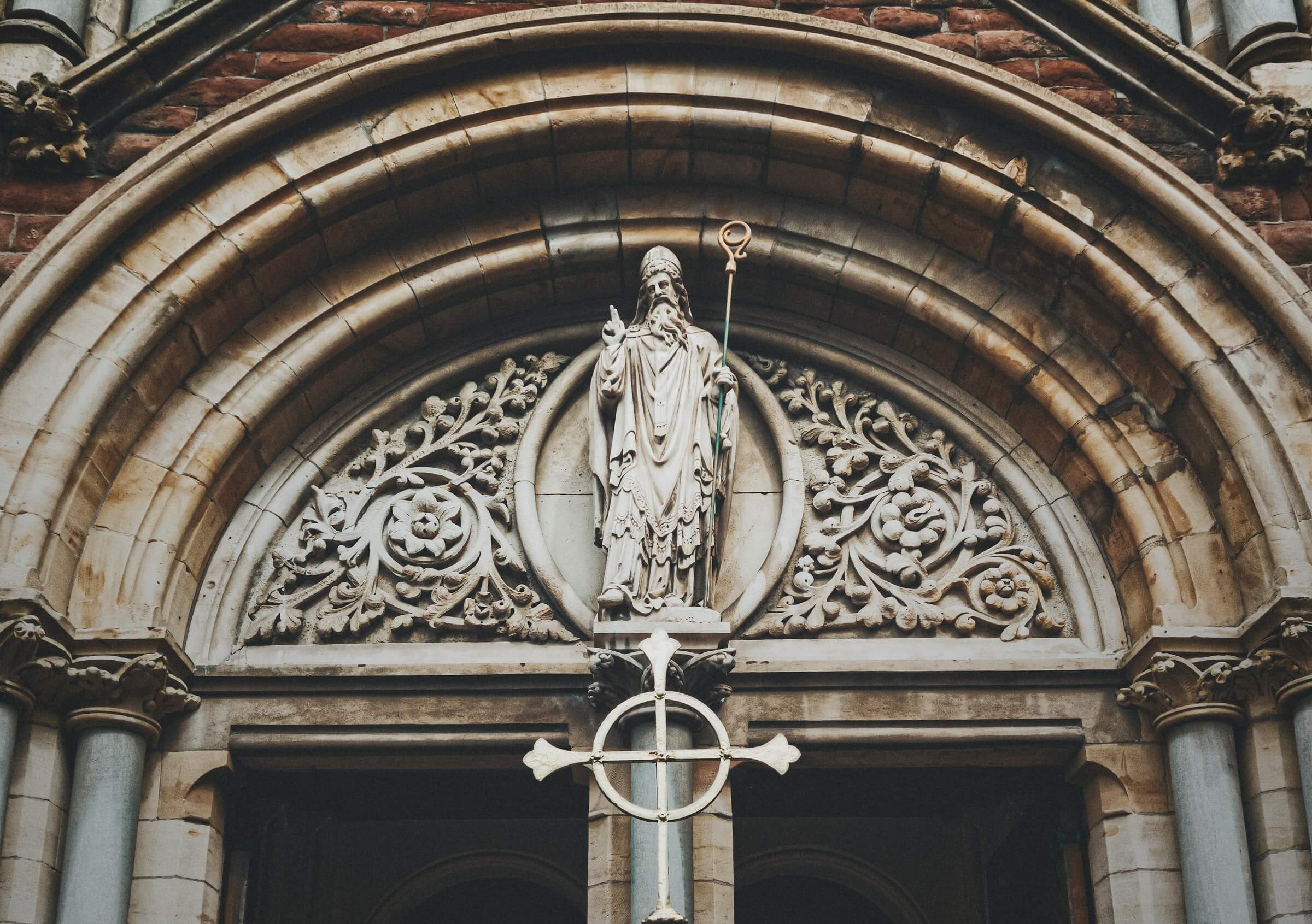 St. Patrick statue at the entrance of a church