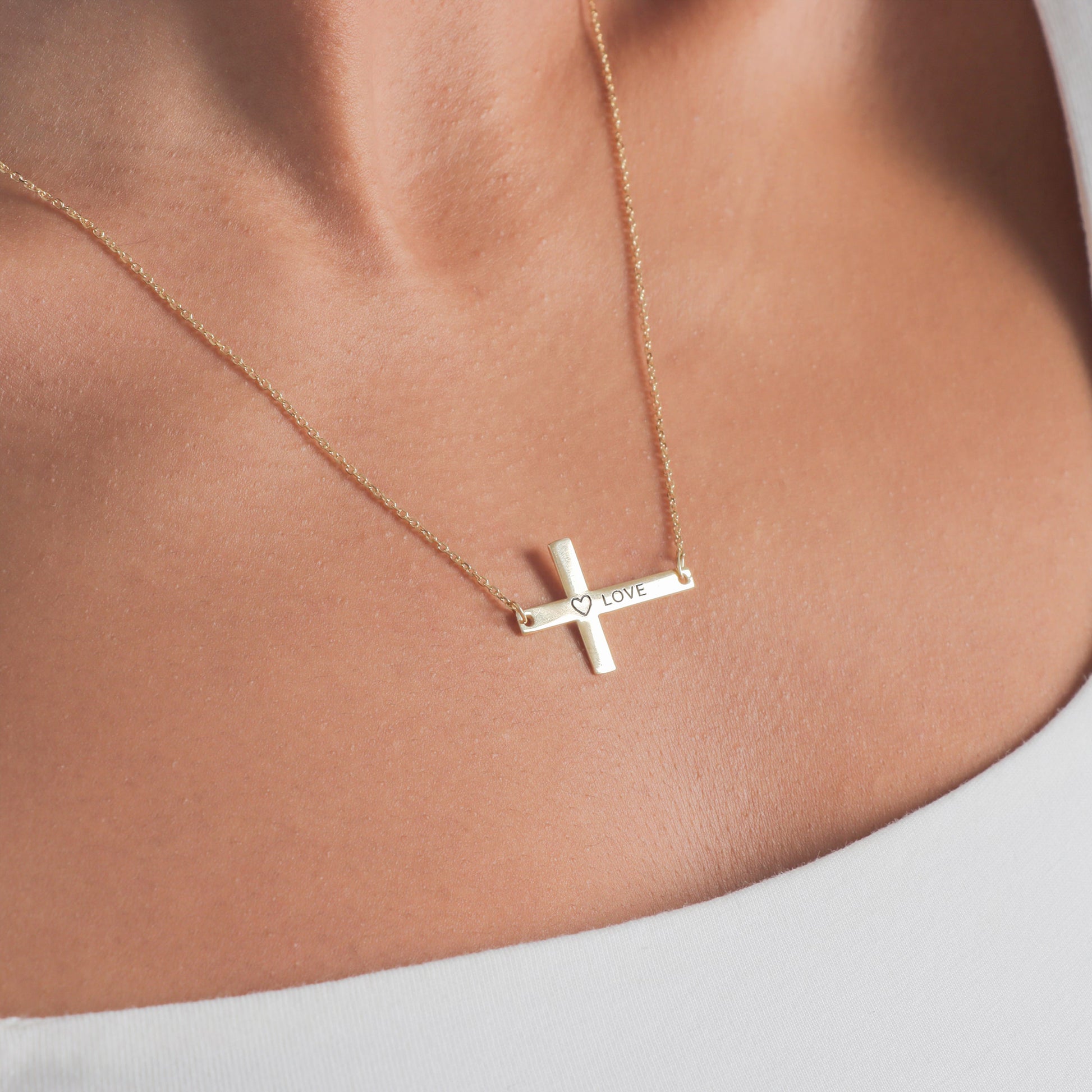 Inscribed Sideways Cross Pendant Necklace - Gloria Jewels