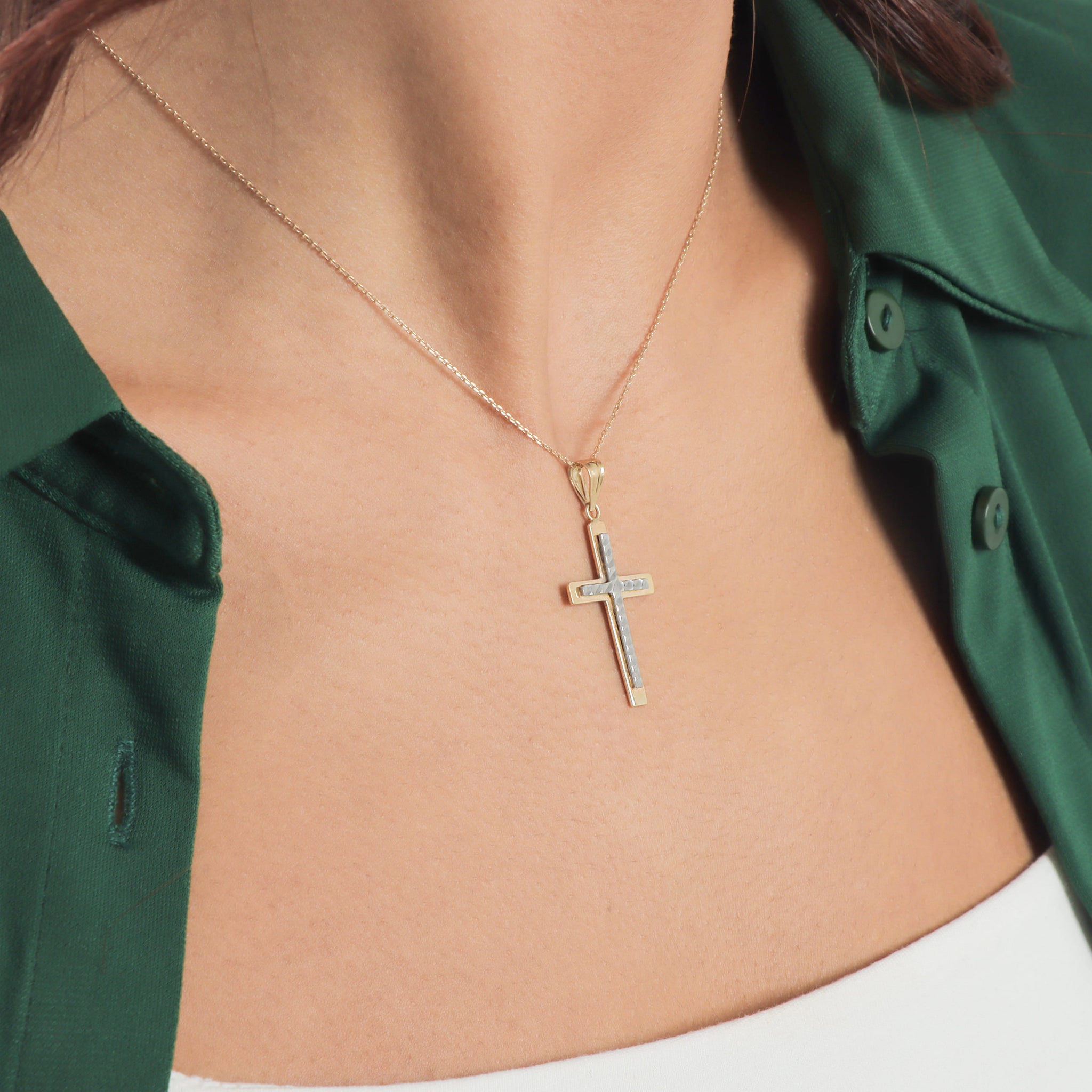 Classic Two Layer Grooved Cross Pendant - Gloria Jewels