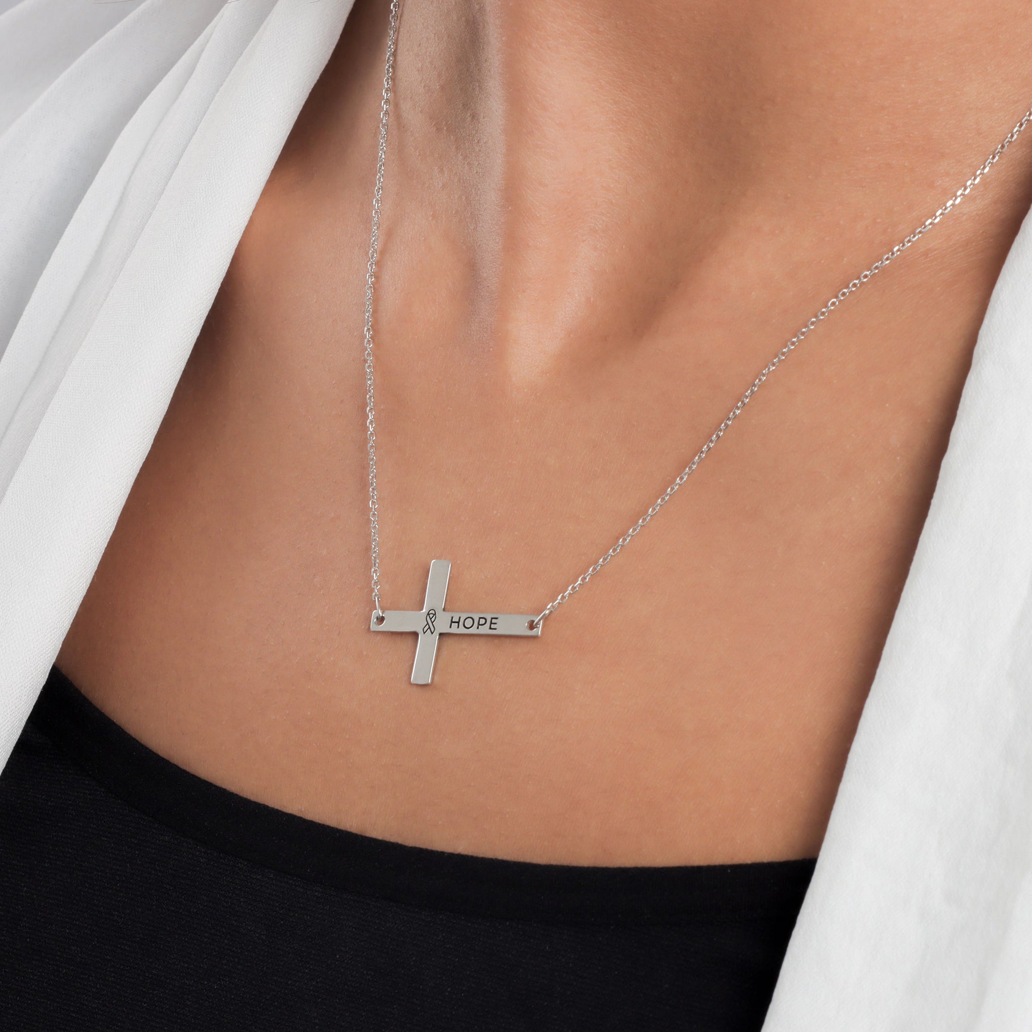 Inscribed Sideways Cross Pendant Necklace - Gloria Jewels