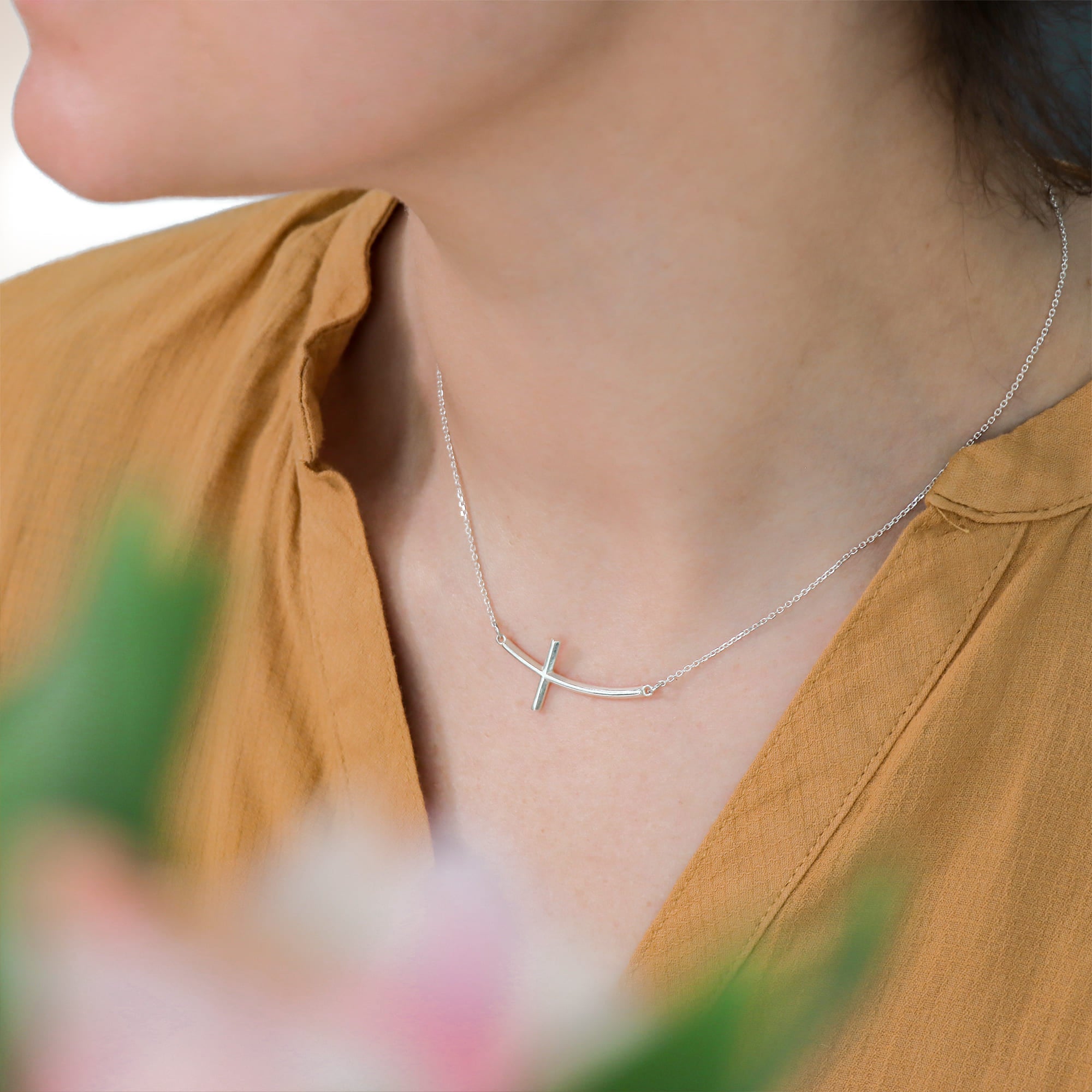 "The Rachel" Curved-Sideways Cross Necklace