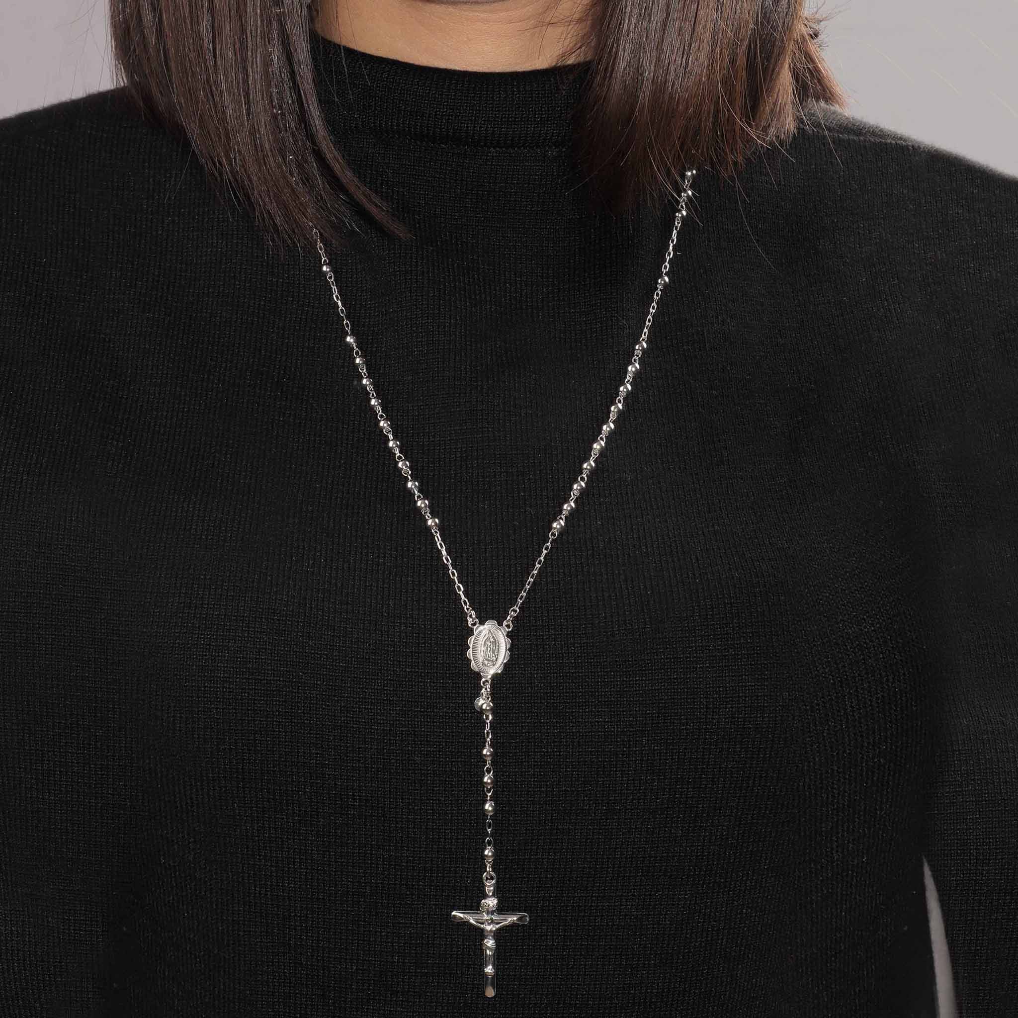 Rosary Necklace with Polished Beads and Crucifix Pendant - Gloria Jewels