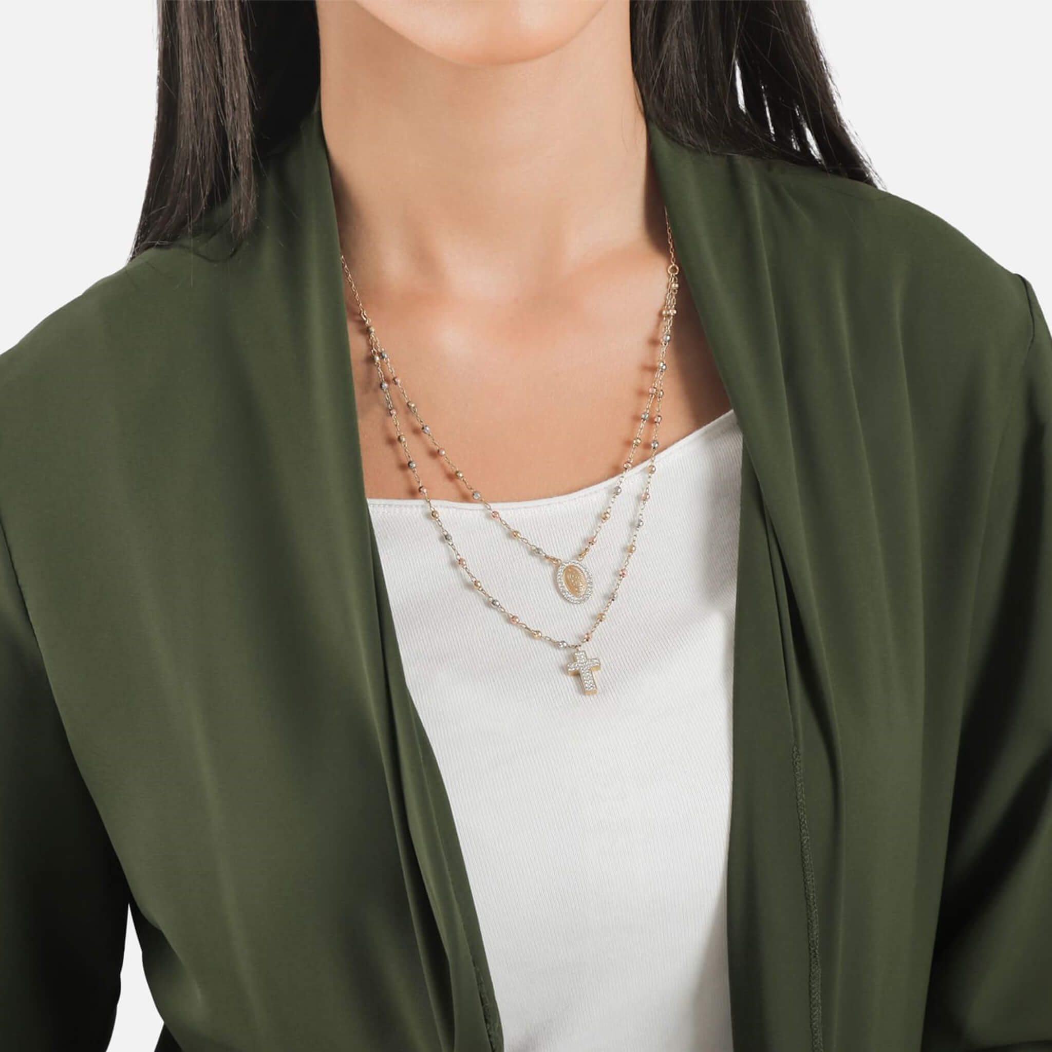 Two Layer Necklace with Crystal Cross Pendant & Medallion - Gloria Jewels