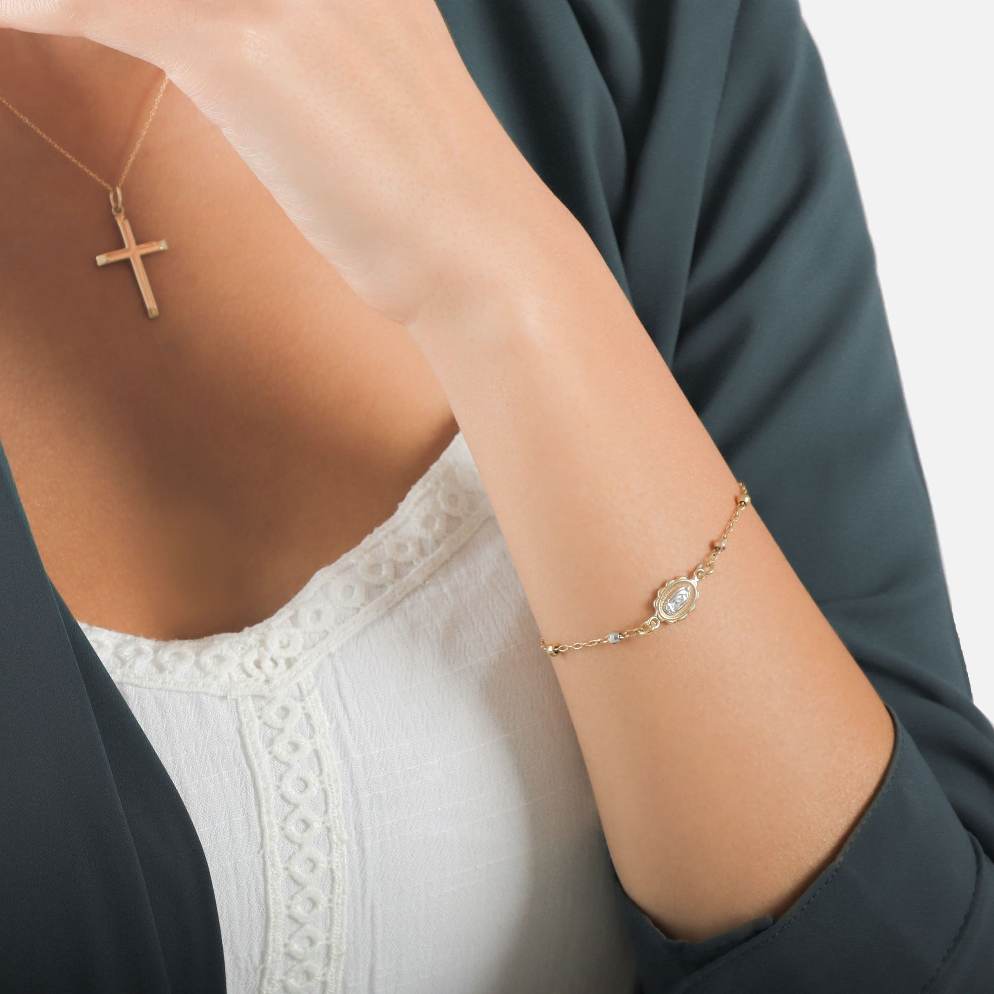 Rosary Bracelet with Cross & Virgin Mary Medallion - Gloria Jewels