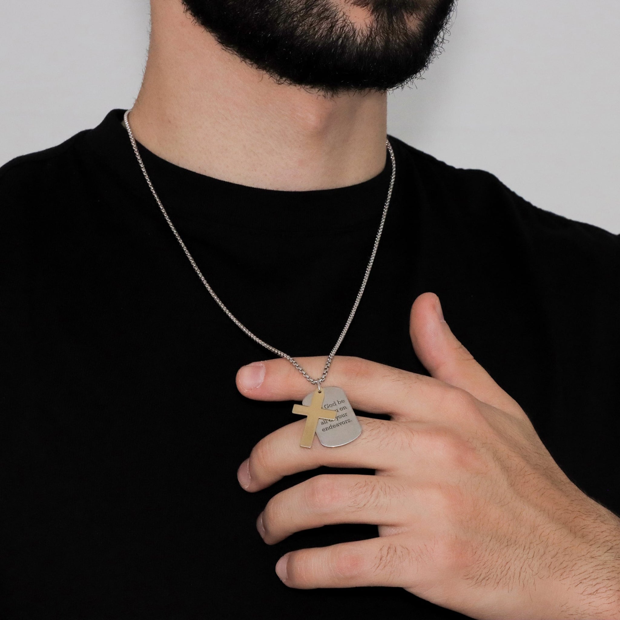 Engraved Shield Tags With Cross Pendant - Gloria Jewels