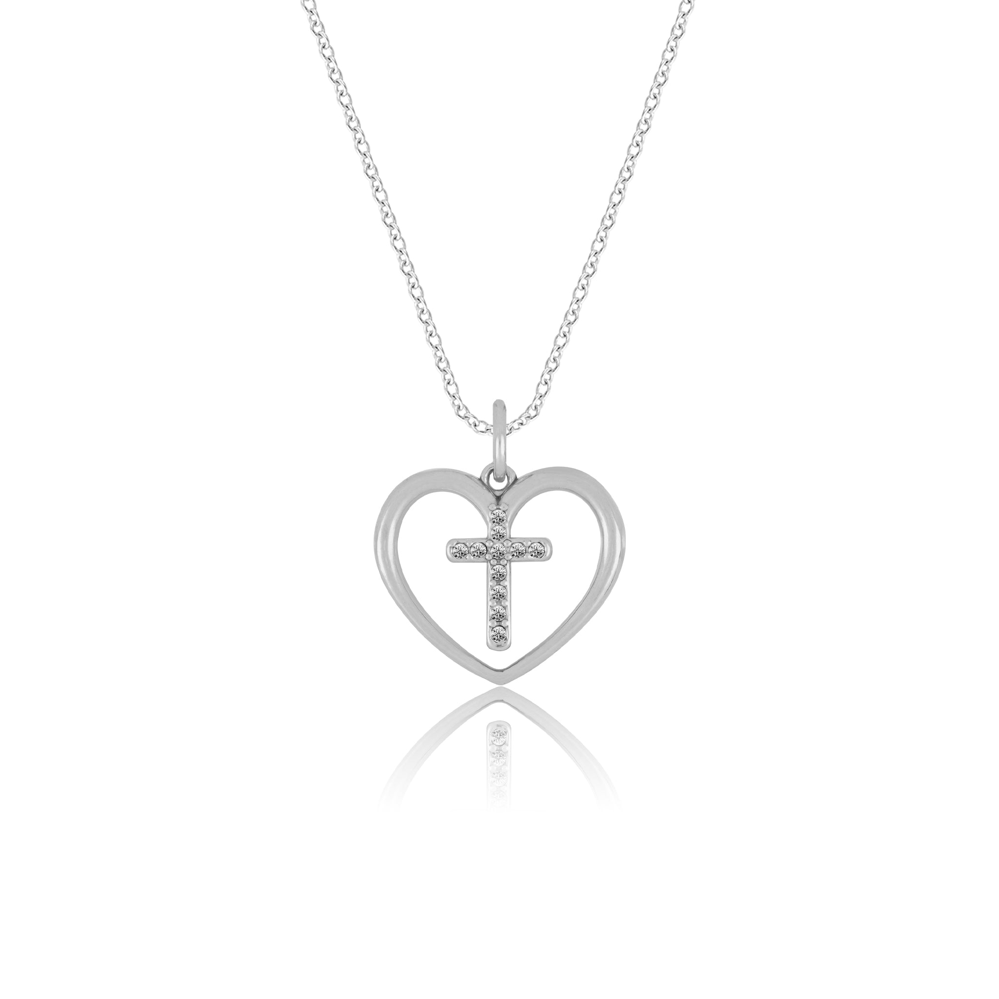 Crystal Cross within Heart Pendant Necklace - Gloria Jewels