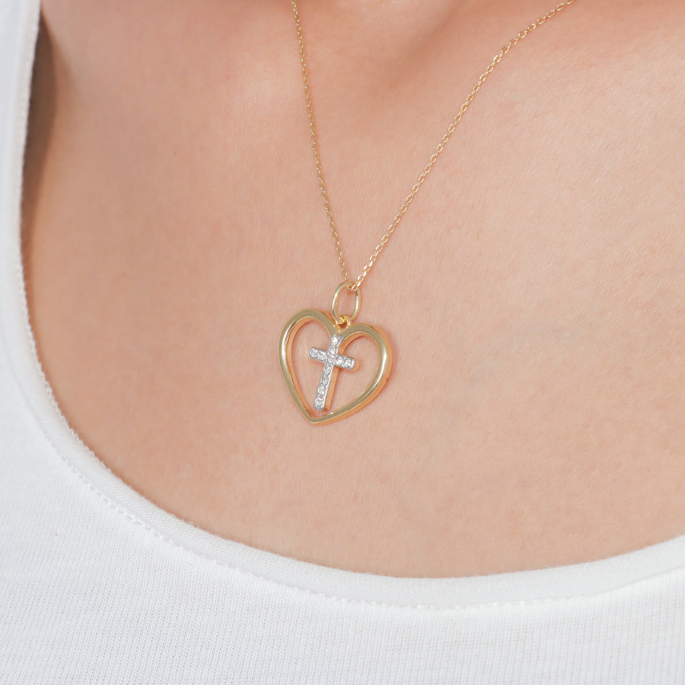 Crystal Cross within Heart Pendant Necklace - Gloria Jewels