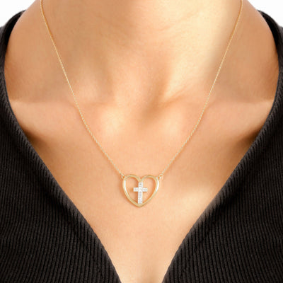 Heart With Crystal Cross Pendant Necklace - Gloria Jewels