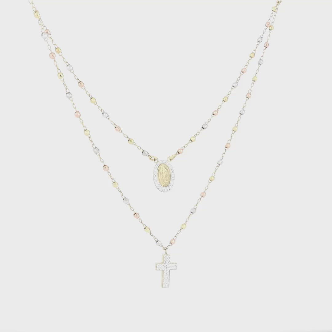 Two Layer Necklace with Crystal Cross Pendant & Medallion - Gloria Jewels