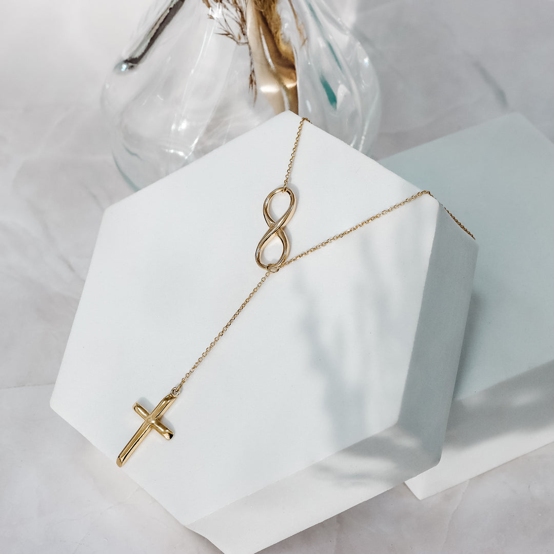 Gold Cross popular Necklace; Gold Butterfly & Cross; 14K Cross w Butterfly; Butterfly Lariat Cross; Adjustable Gold Cross Necklace, Infinity Close