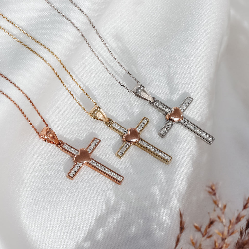 Crystal Cross with Heart Pendant - Gloria Jewels