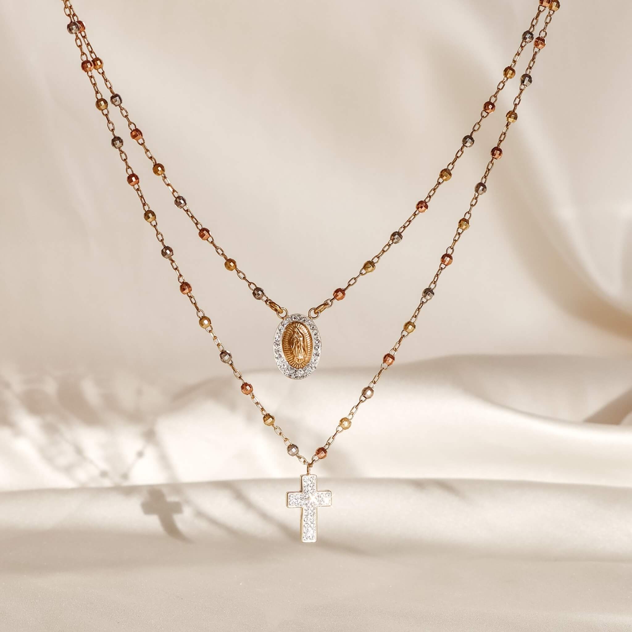 Two Layer Necklace with Crystal Cross Pendant & Medallion - Gloria Jewels
