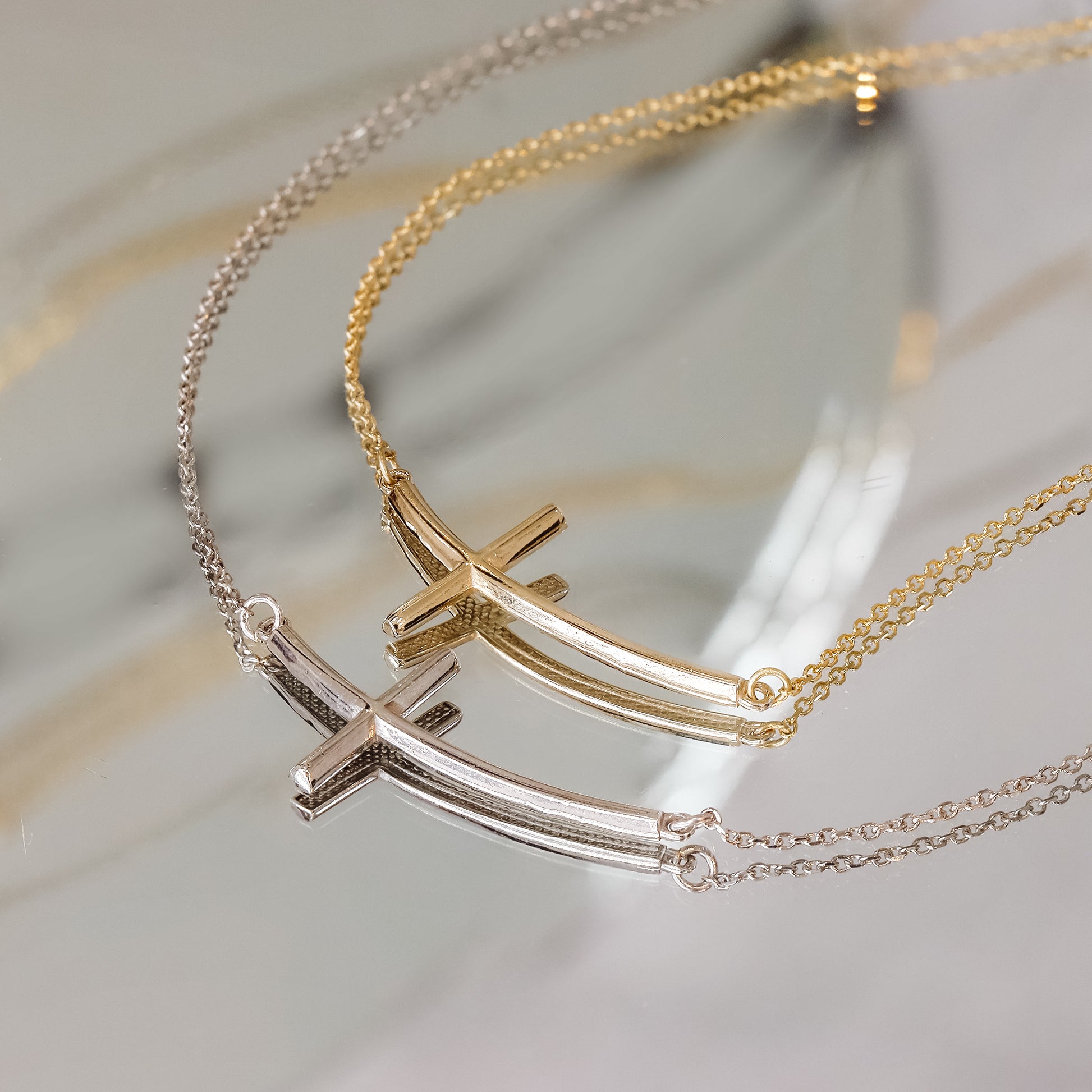 "The Rachel" Curved-Sideways Cross Necklace