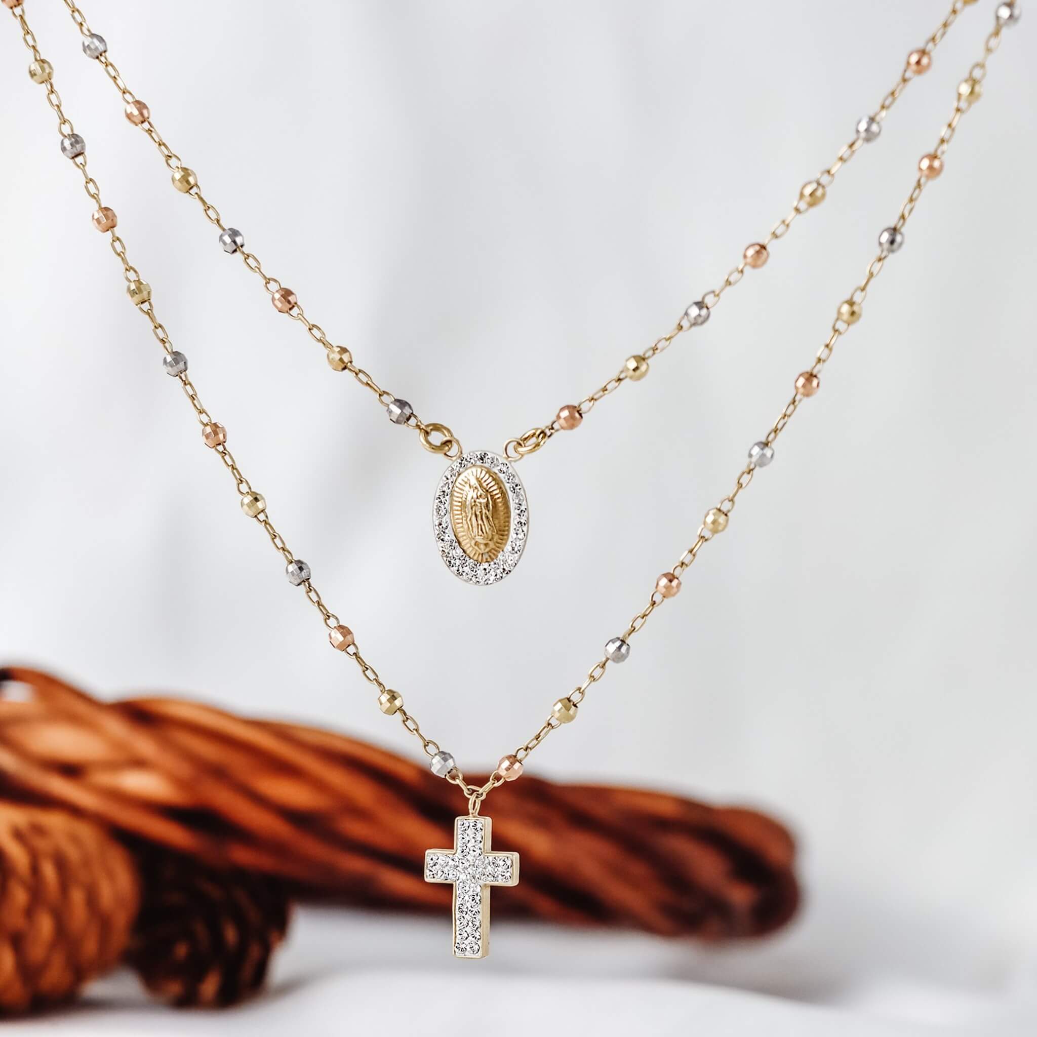 Two Layer Necklace with Crystal Cross Pendant & Medallion - Gloria Jewels