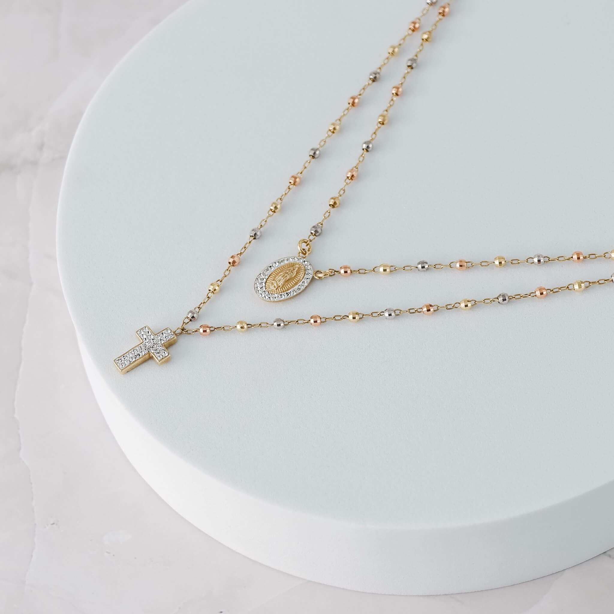 Two Layer Necklace with Crystal Cross Pendant & Medallion - Gloria Jewels