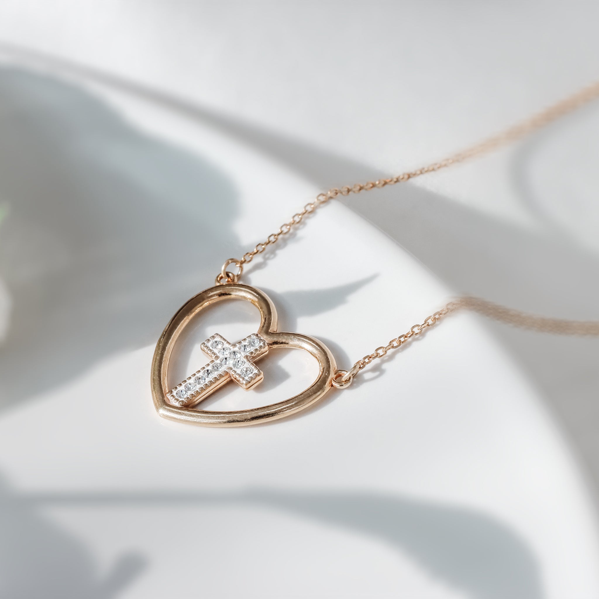 Heart With Crystal Cross Pendant Necklace - Gloria Jewels