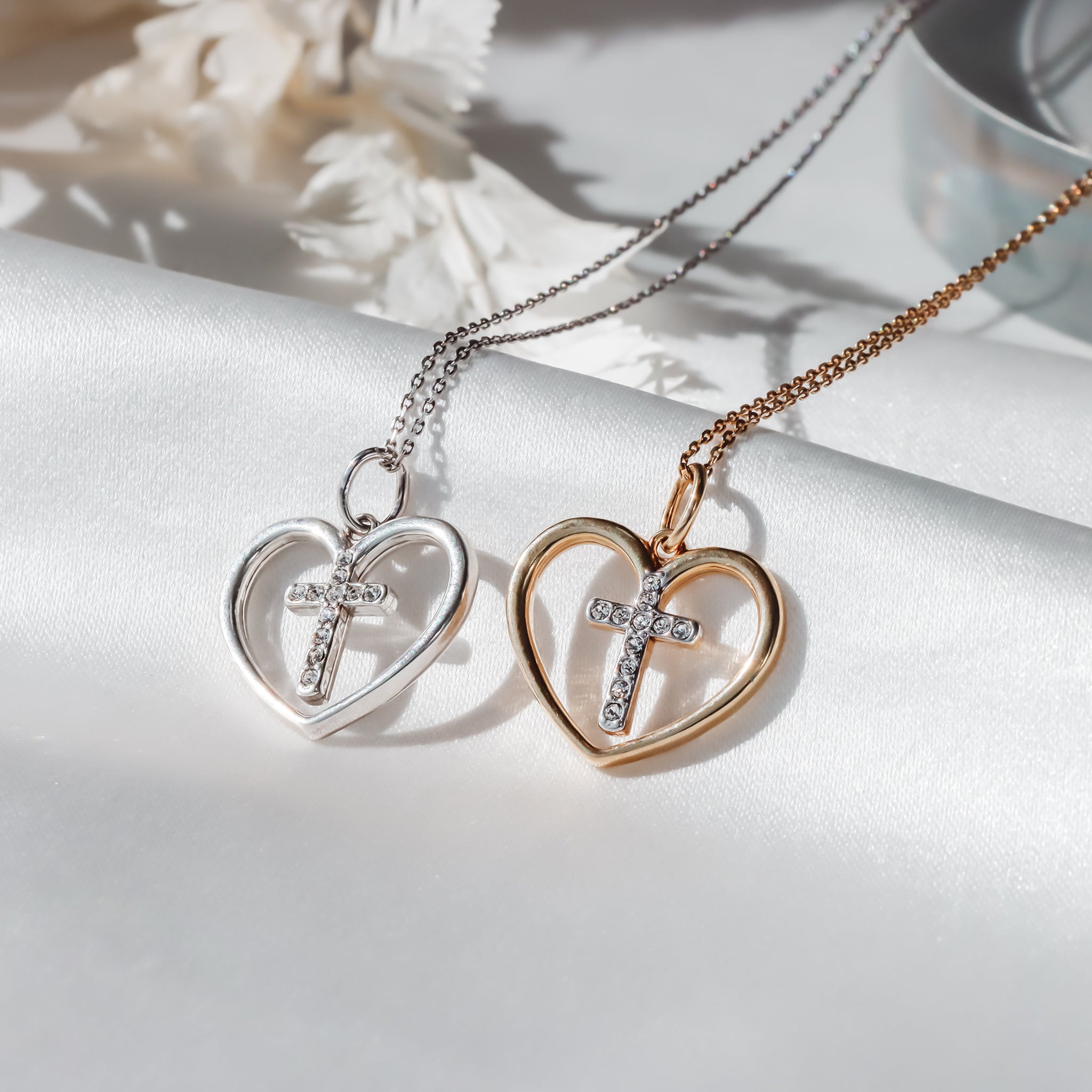Crystal Cross within Heart Pendant Necklace - Gloria Jewels
