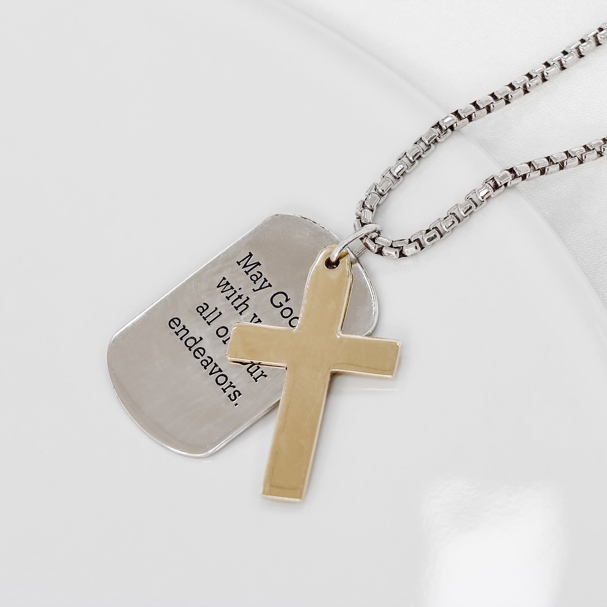Engraved Shield Tags With Cross Pendant - Gloria Jewels