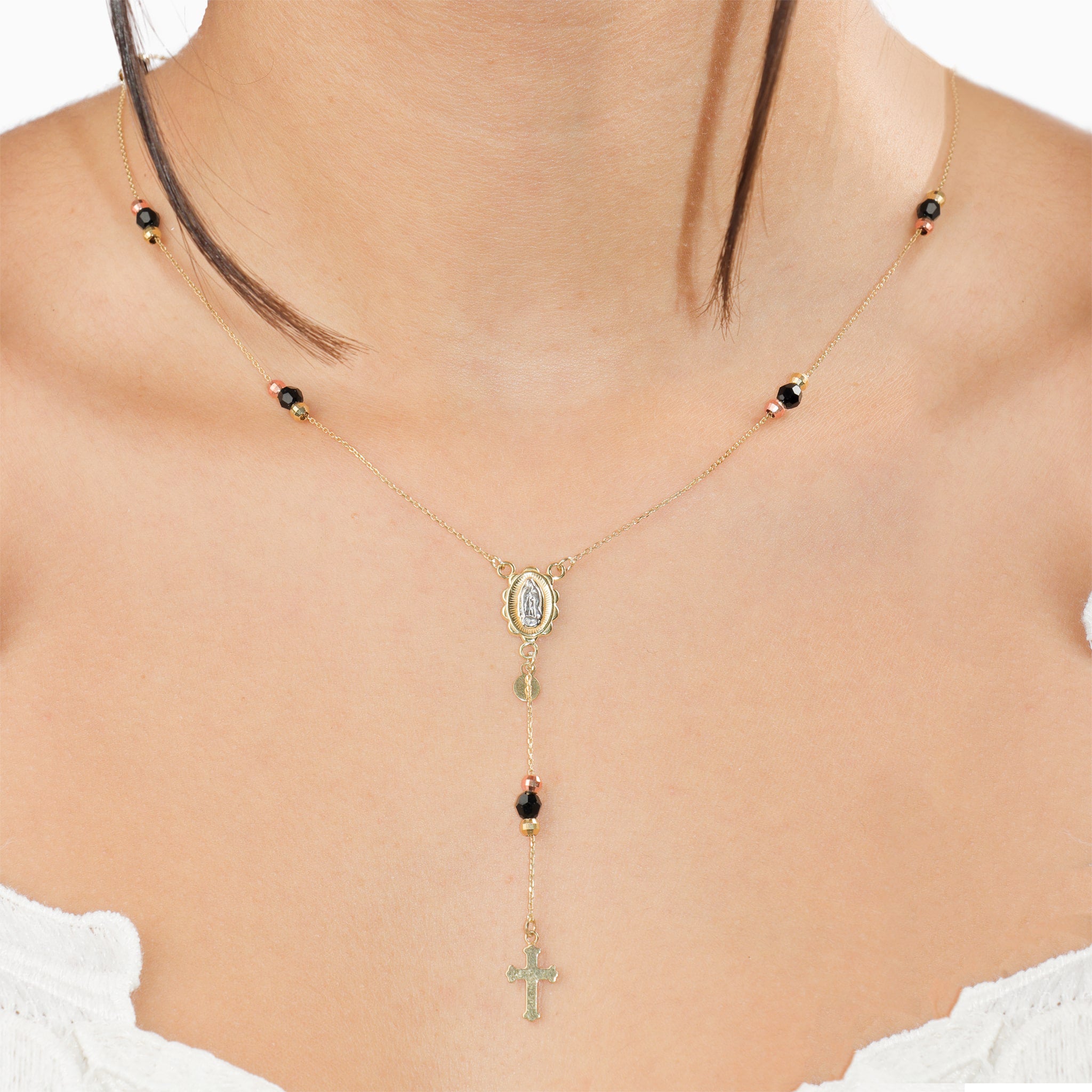 Elegant Black Beaded Rosary Necklace with Miraculous Medal + Cross Pendant - Gloria Jewels