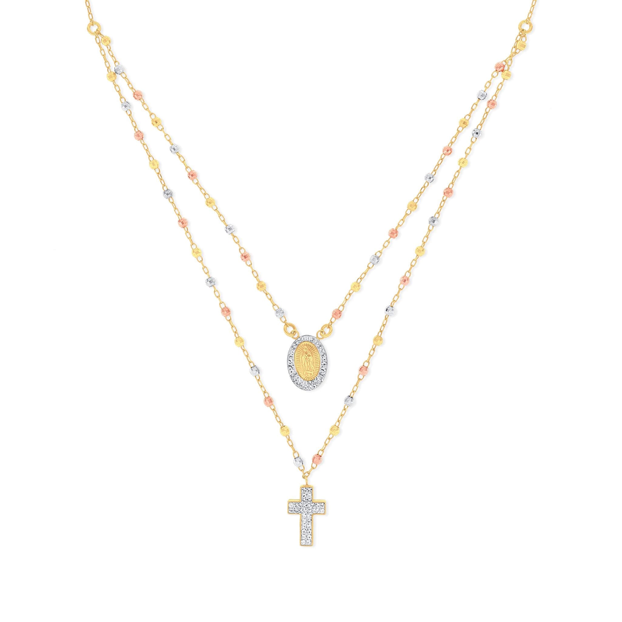 Two Layer Necklace with Crystal Cross Pendant & Medallion - Gloria Jewels