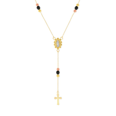 Elegant Black Beaded Rosary Necklace with Miraculous Medal + Cross Pendant - Gloria Jewels